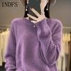 INDFS Women's Fashion Casual Fall Winter Solid Color Print Long Sleeve O-Neck Sweaters