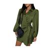 Women's Satin Shirt Dress V Neck Long Sleeve Wrap Dress Casual Tie Waist