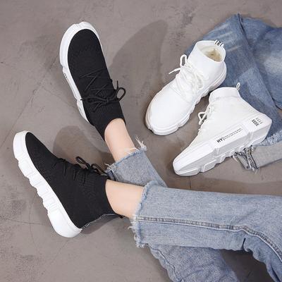 Носки и обувь женские весна-осень 2024 года, новые кроссовки на толстой подошве, эластичные, плетеные, спортивная повседневная обувь в стиле хип-хоп с высоким берцем