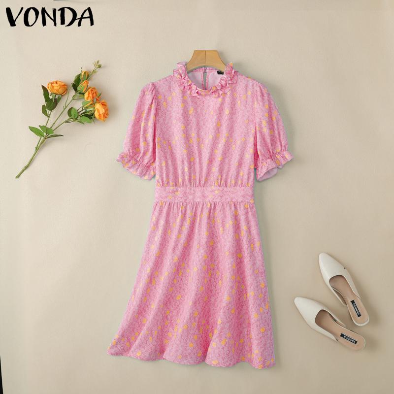 VONDA Женский летний сарафан с оборками и воротником-стойкой, коротким рукавом и цветочным принтом, повседневный, приталенный