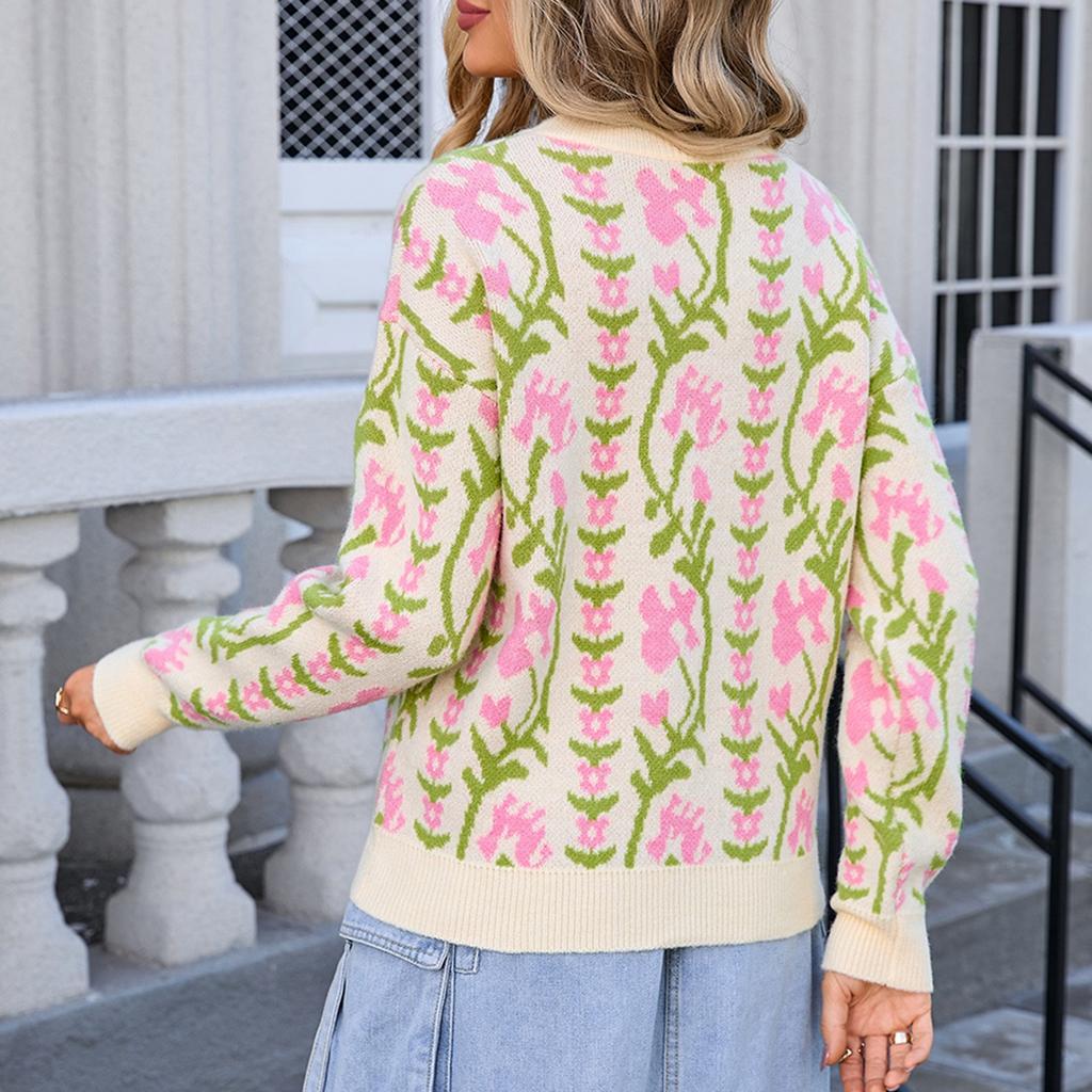 Women's Casual Fashion Comfortable Round Neck Pullover Contrast Color Flower Long Sleeve Street Trend Knitted Sweater