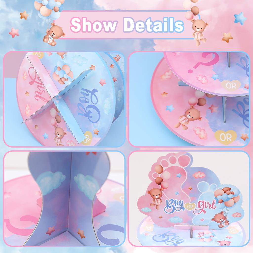Gender Reveal Party Cupcake Stand Decorations Blue Pink Bear Cake Stand Baby Shower Boy Girl Christening Party Favors