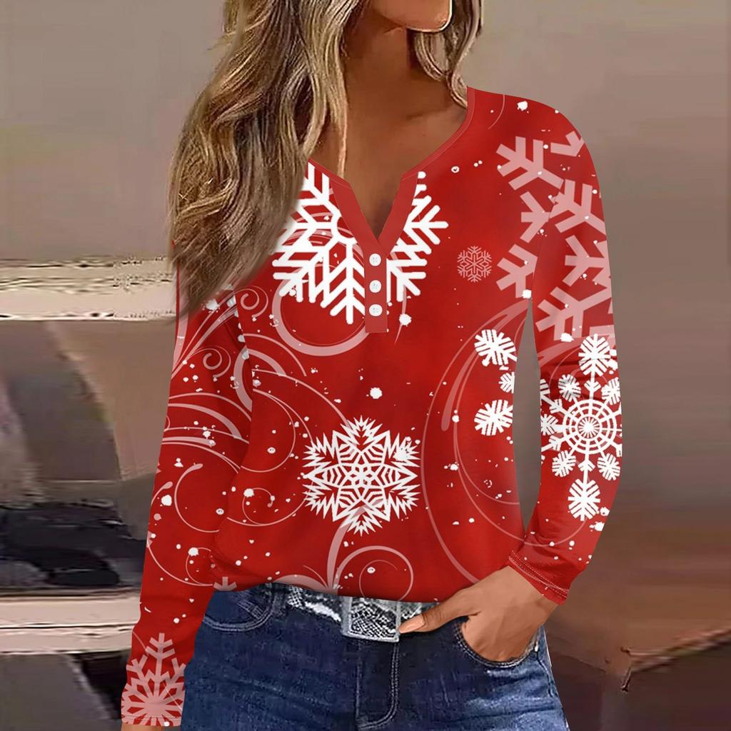 Женская футболка с прямыми плечами и рождественским принтом, длинными рукавами, прямыми плечами и V-образным вырезом на пуговицах
