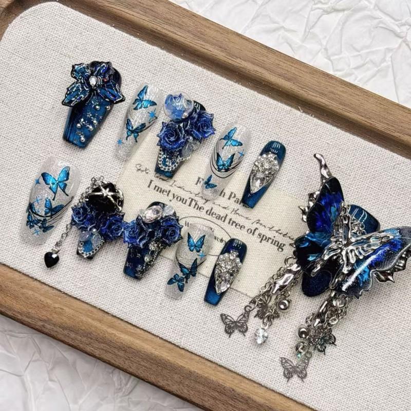 Handmade 11-Piece Blue 3D Butterfly Press-On Nails Medium Length Women Girls Sweet Chic Style
