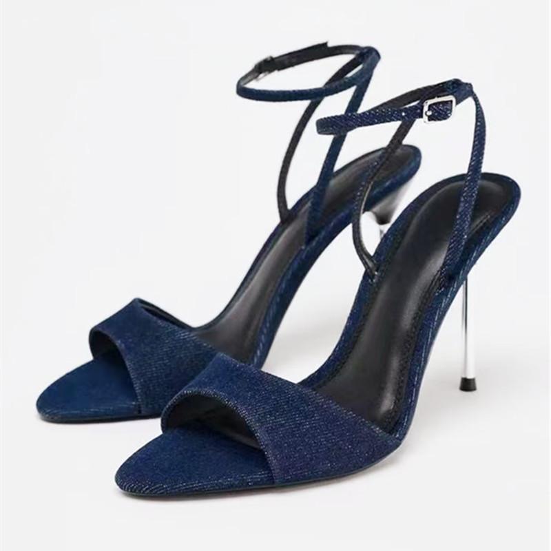 Denim Blue Thin Heeled Sandals Women Sexy Peep Toe Ankle Strap Buckle High Heels Summer Elegant Pumps Comfort Casual Sandalias