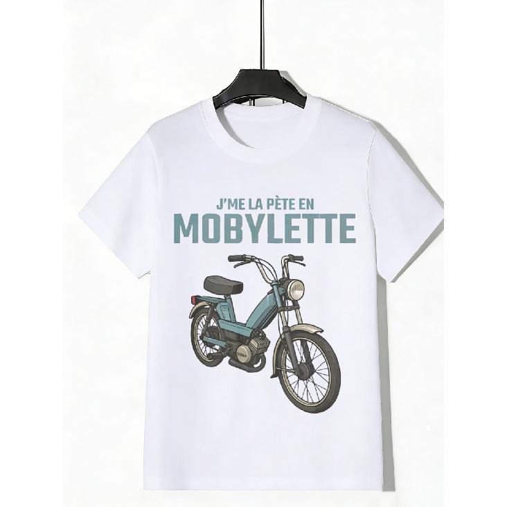 White T-Shirt with Moped Graphic And French Text for Streetwear Fashion