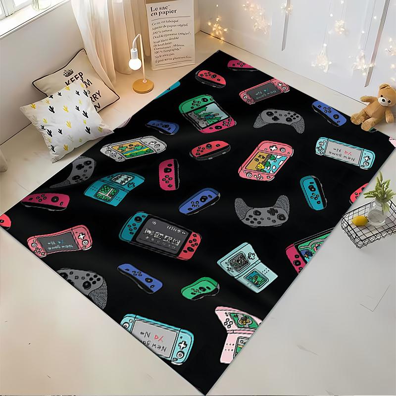 Gaming Console Pattern Carpet with Black Background, Colorful Design Suitable for use as an anti-slip for living room bedroom sofas