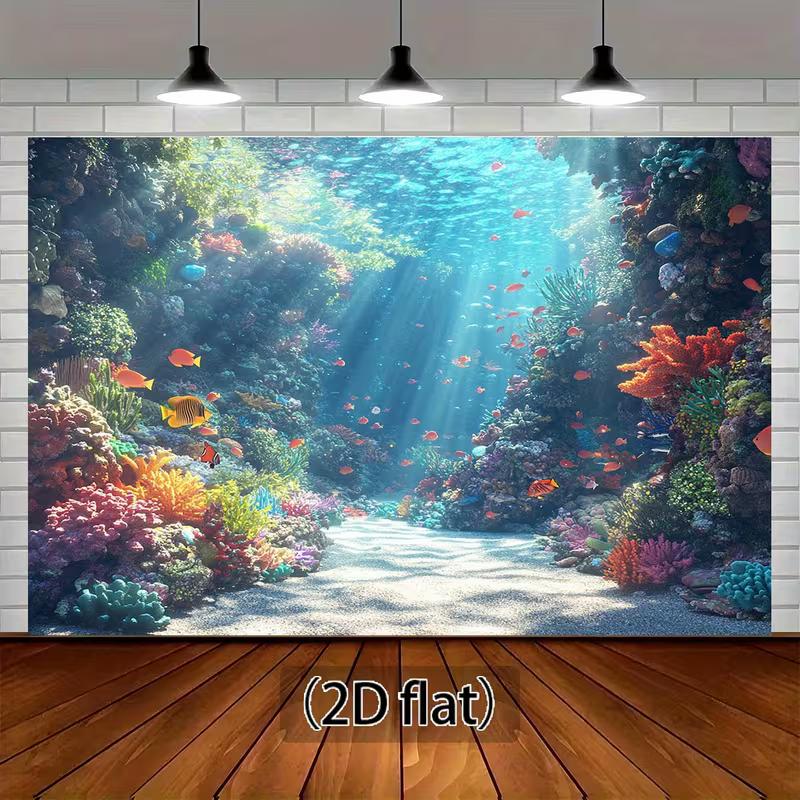 2D Настенный гобелен с морской жизнью, Сцена с коралловым рифом под водой с лучами солнца, Декор для стены