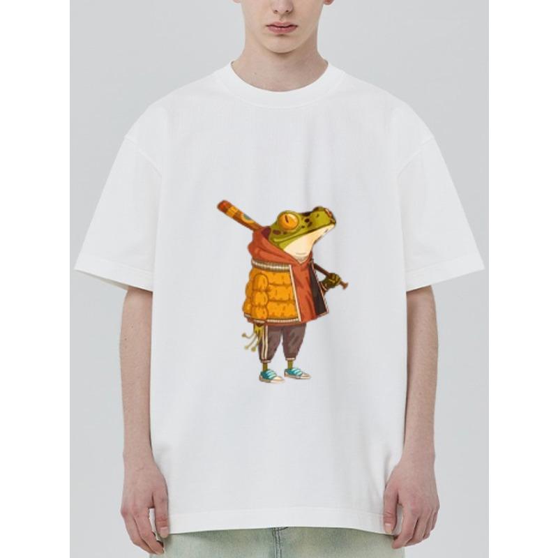 Футболка с круглым вырезом Белая Воин-лягушка Мультяшный принт Повседневная одежда для мужчин и женщин Повседневные наряды Уличная мода Летний топ