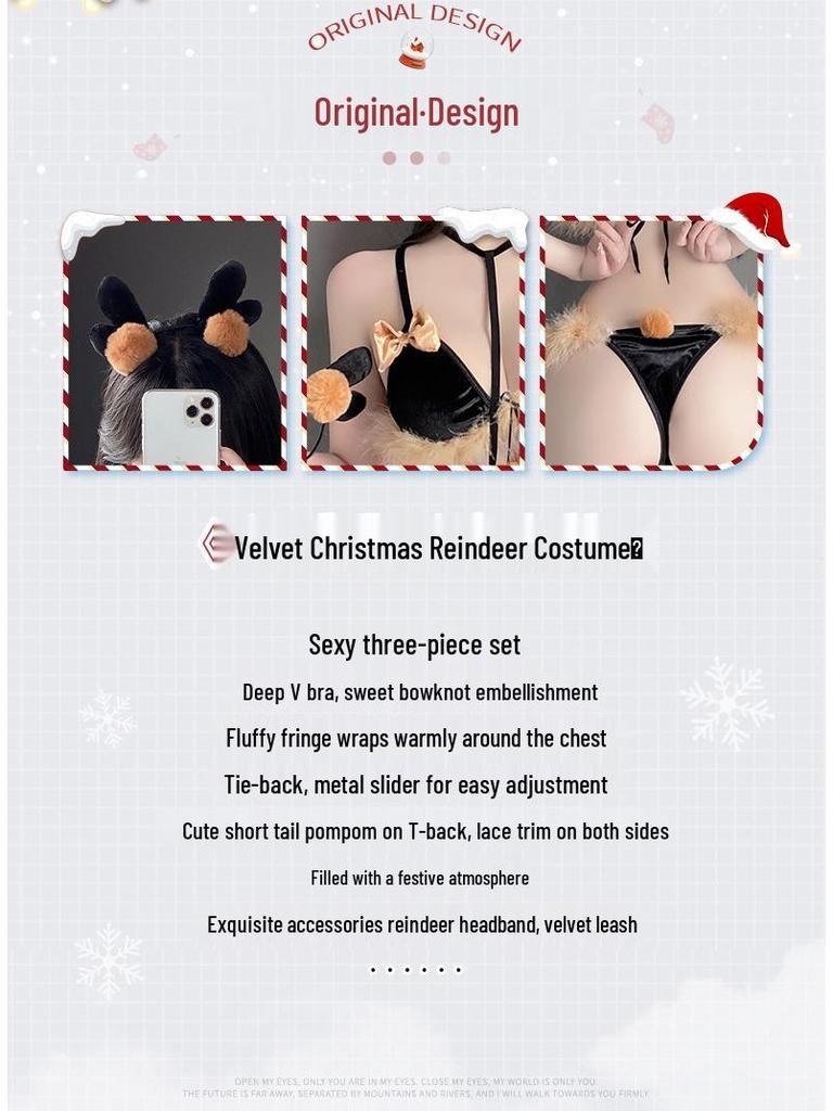 Man Yan Three-Piece Bowknot Reindeer Plush Lingerie Set 9891