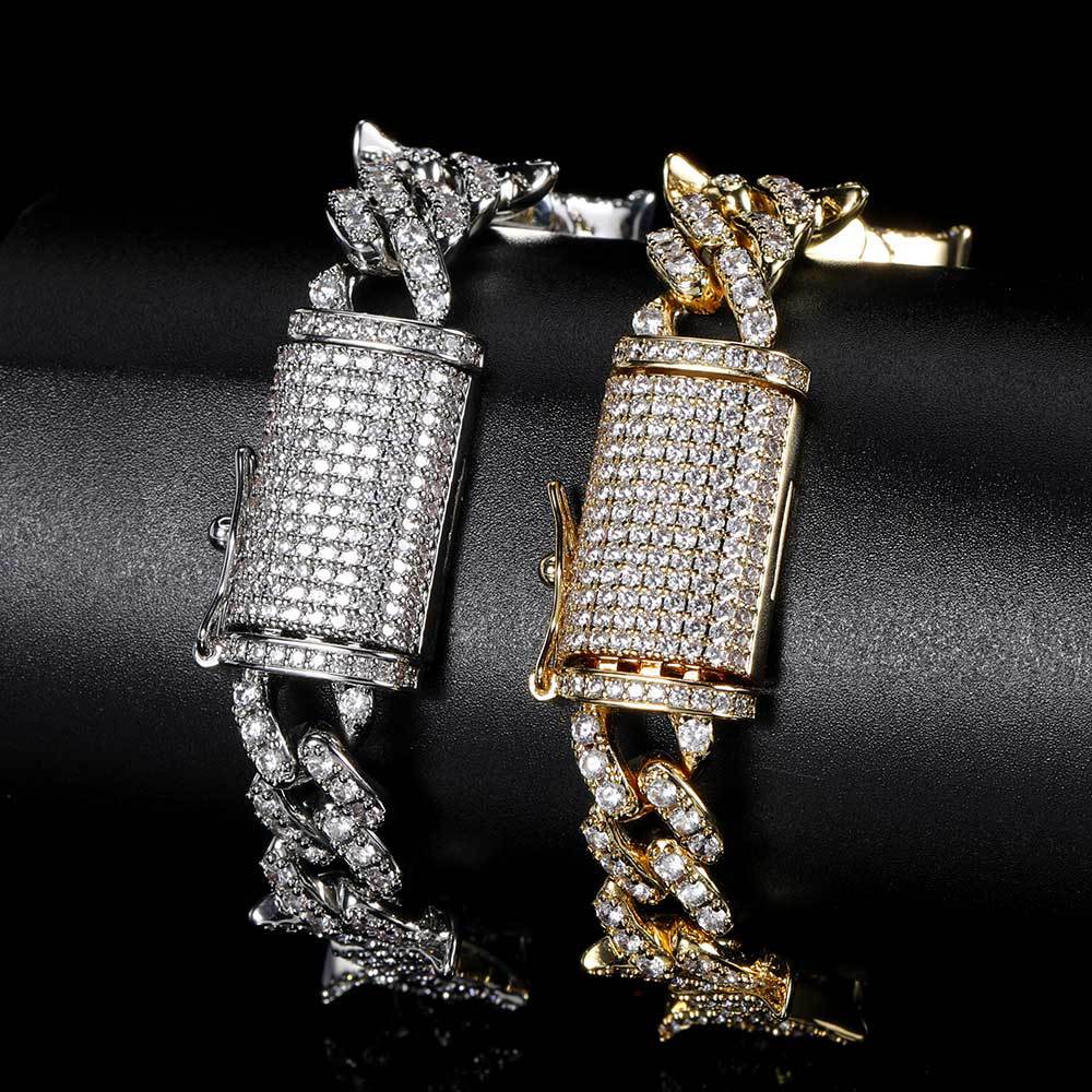 European Hip Hop Simple Personality Iron Wire Chain Zircon Cuban Link Chain Real Gold Electroplated Hiphop Thorn Bracelet Necklace