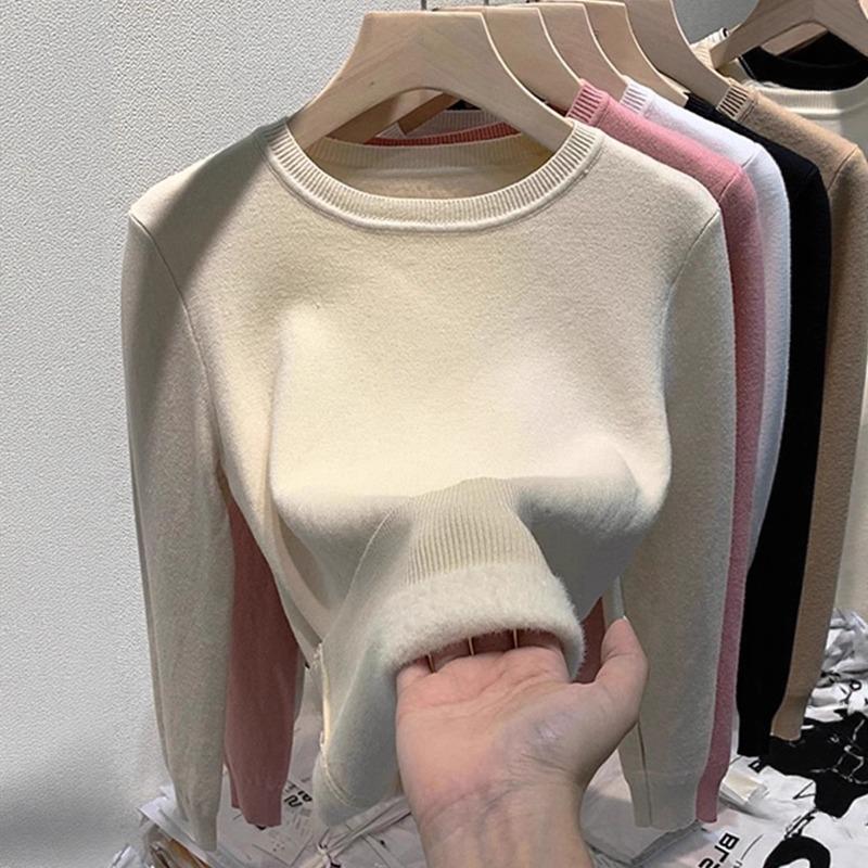 Теплый и утолщенный флисовый свитер, вязаный свитер с круглым вырезом, ленивый дизайн переднего плеча, топ, новинка осени и зимы