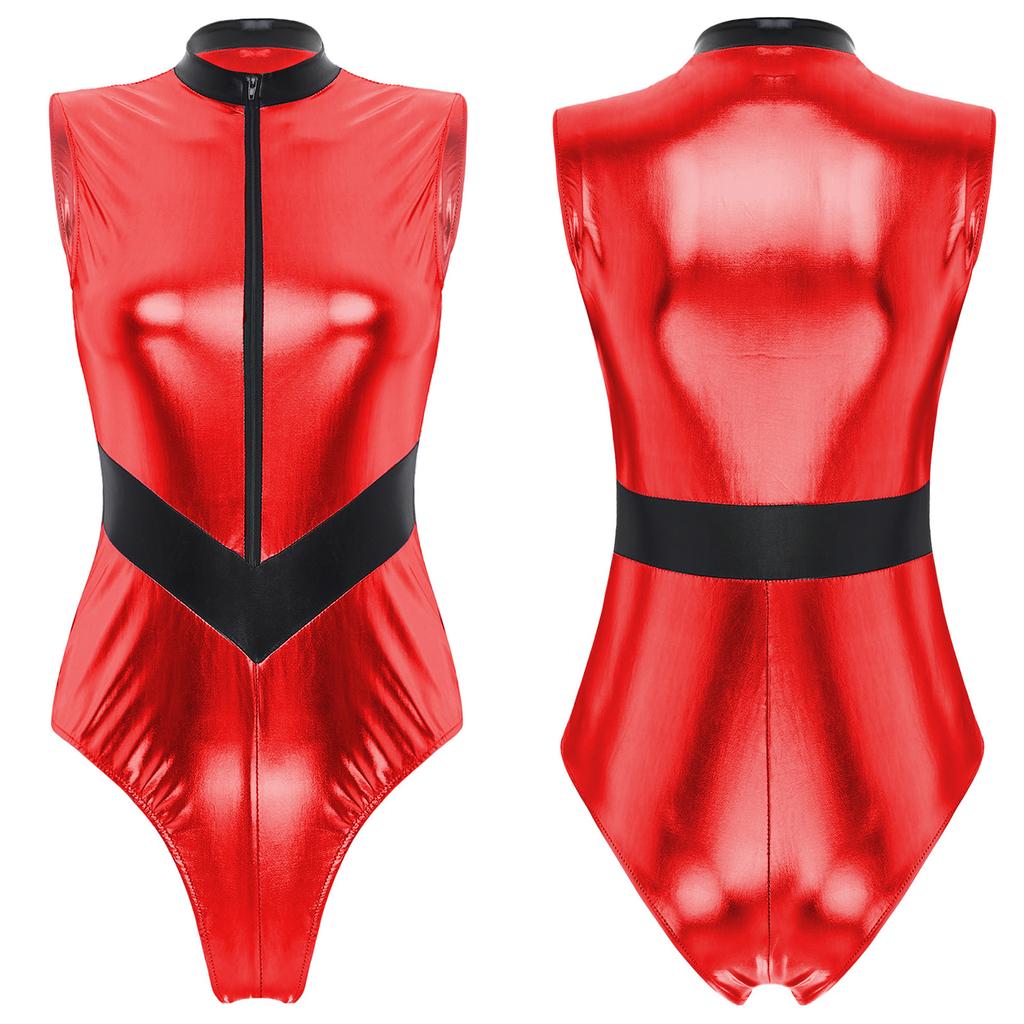 Women Halloween Astronaut Cosplay Costumes Shiny Metallic Zipper Sleeveless Bodysuit Catsuits