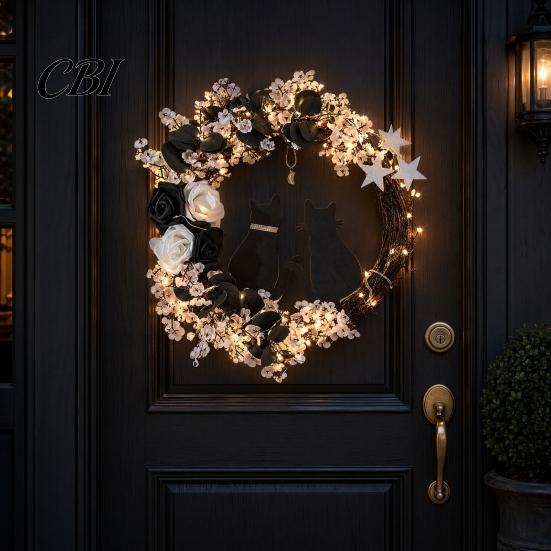 Halloween Floral Hanging Decoration Garland, with String Lights, Black Cat Silhouette Glow Moon Lights Wreath, for Front Door Indoor Outdoor