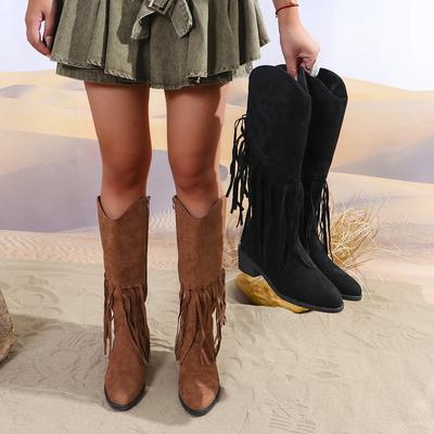 Женская обувь Бохо уличные сапоги до середины голени женские 2024 новые зимние модные женские сапоги из искусственной замши с этническими кисточками Botas De Mujer