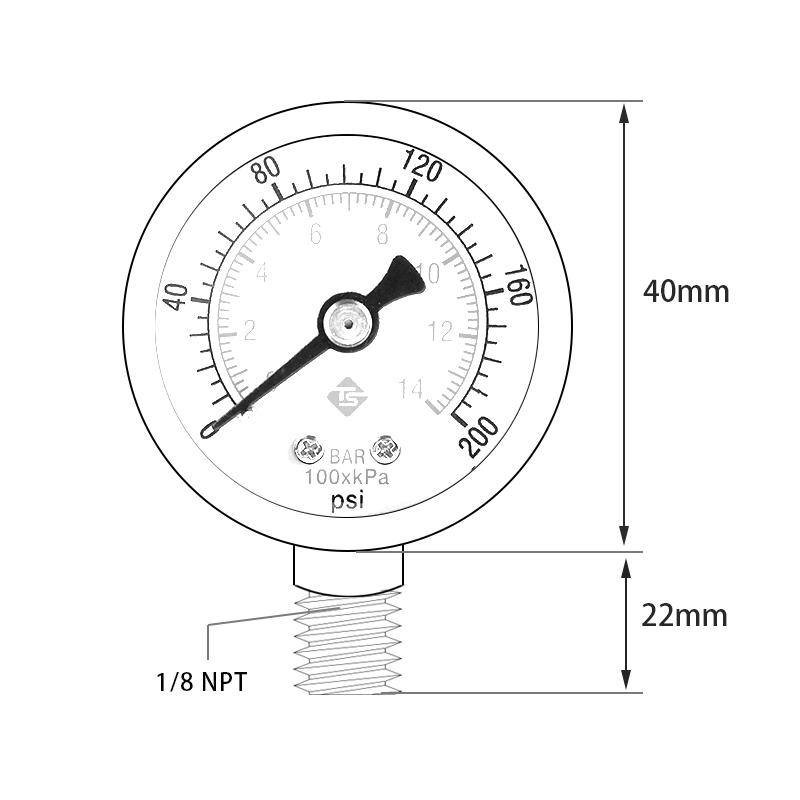 TS-40-14bar Water Oil Pressure Gauge 0-200 PSI Test Range Pressure Gauge Dual Scale Gas Pressure Gauge with 1/8'' NPT Bottom Mount