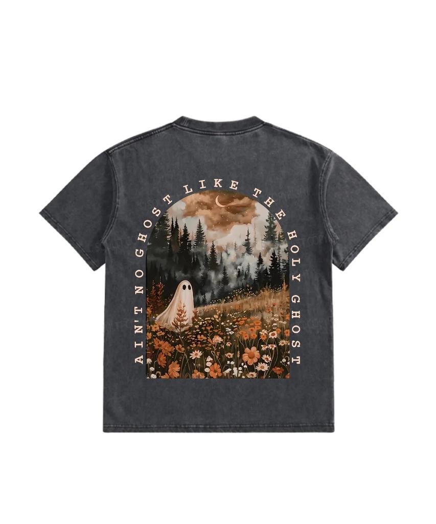 Forest Wildflower Ghost Ain't No Ghost Like The Holy Ghost Floral Cross Vintage Washed T-Shirt Unisex Oversized Short Sleeve Top