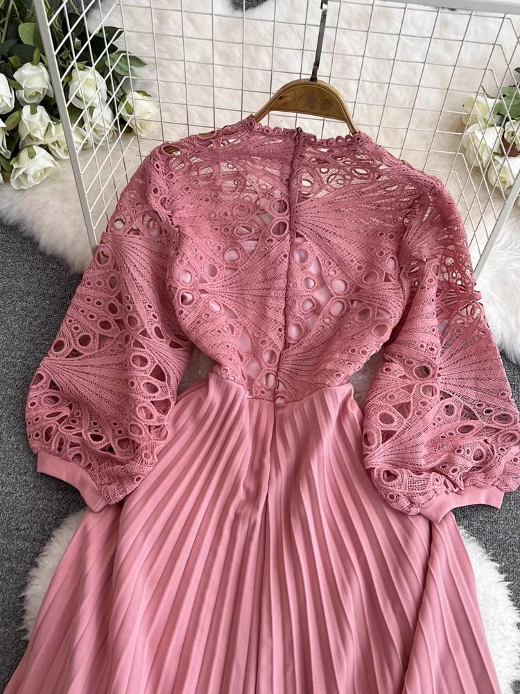 Pink Crochet Lace Hollow Out Embroidery Patchwork Pleated Dress New Summer Women O Neck Lantern Sleeve Slim Holiday Party Dress