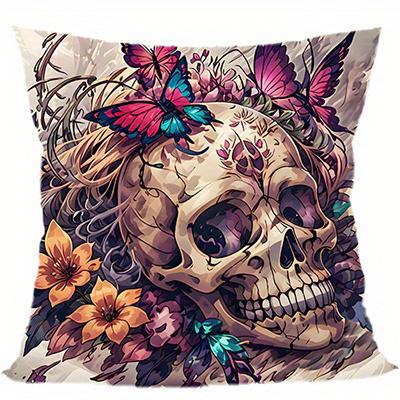 Home Decor Skull & Butterfly Floral Pattern Pillow Cover Pattern Cushion Cover Suitable for Sofa Bedroom Car Pillow Cover