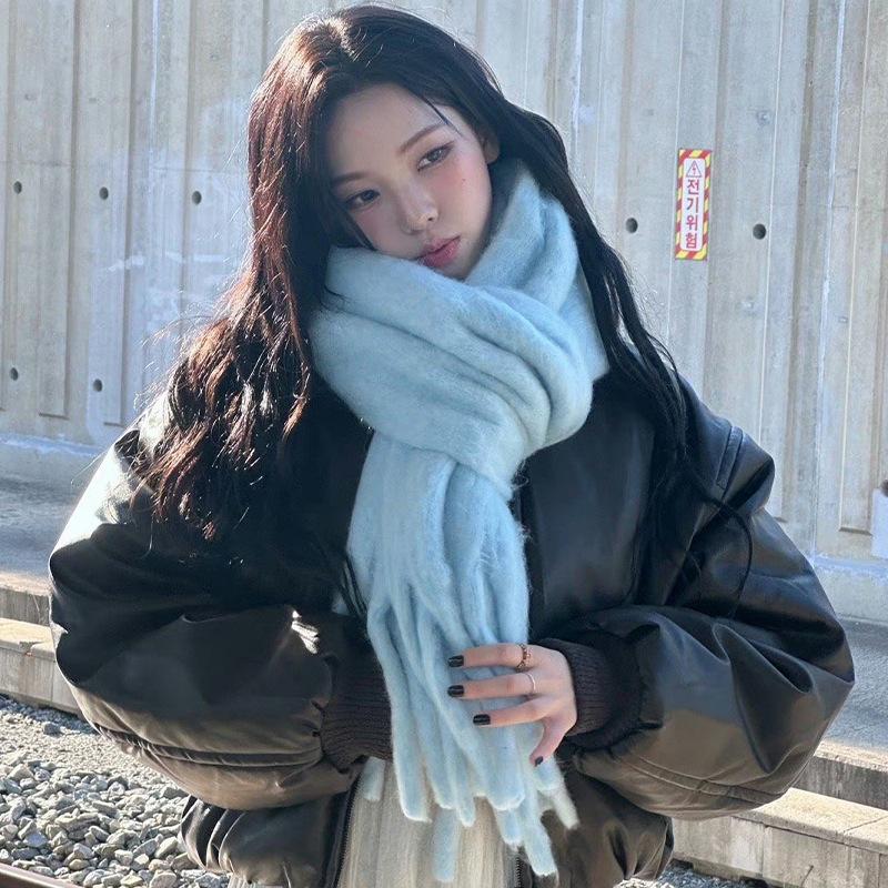 Haze Blue Zhimin Solid Color Scarf Mohair Tassel Scarf New Year's New Thickened Warm Shawl Women