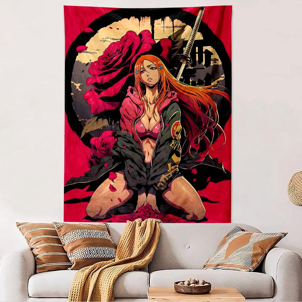 Red-Haired Anime Woman Tapestry Wall Hanging, Samurai Girl with Katana and Rose Art, Japanese Wall Decor for Bedroom Living Room Dorm
