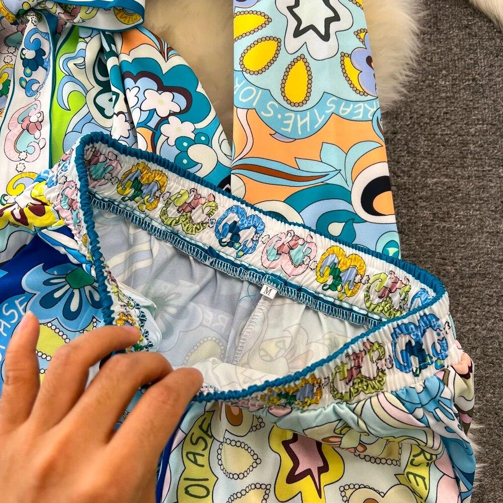 Runway Designer Vintage Pant Two Piece Set for Women Cyanotype Printed Blazer Shirt Trousers Suit