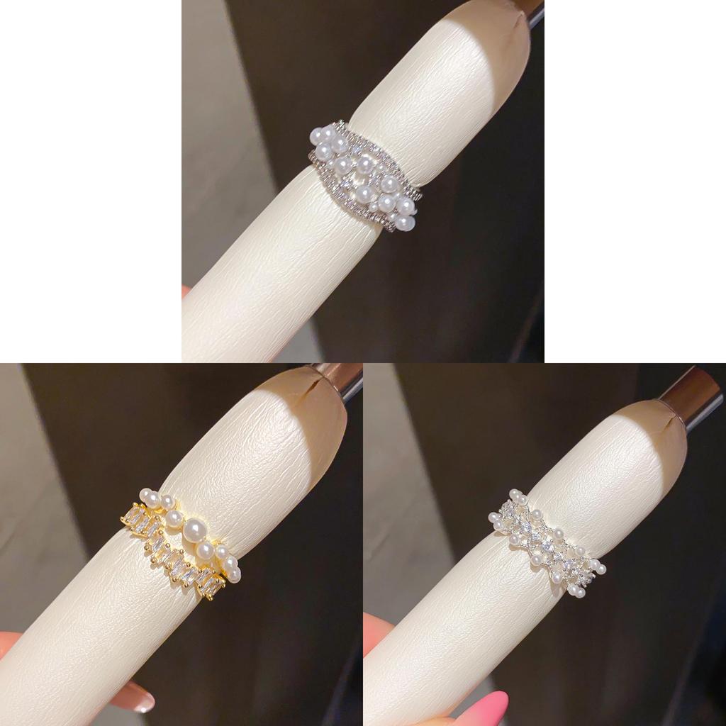 14k Gold Plated Zircon Pearl Open Ring With Modern Geometric Shape For Elegant Women
