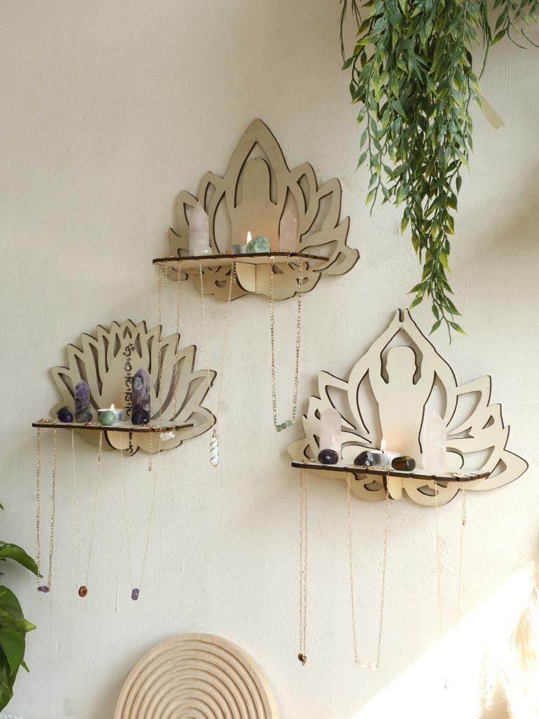 Полка-дисплей Lotus Ccrystal Черные Деревянные Настенные Полки Boho Плавающая Настенная Полка для Спален Офисов Гостиной Эстетичный Подарок