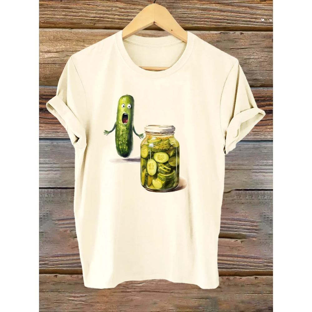 Soft Women's Graphic Print T-Shirt Playful Pickle Cucumber Design Summer Tee Comfortable Fabric Ladies Casual Y2k Crew Neck Tops