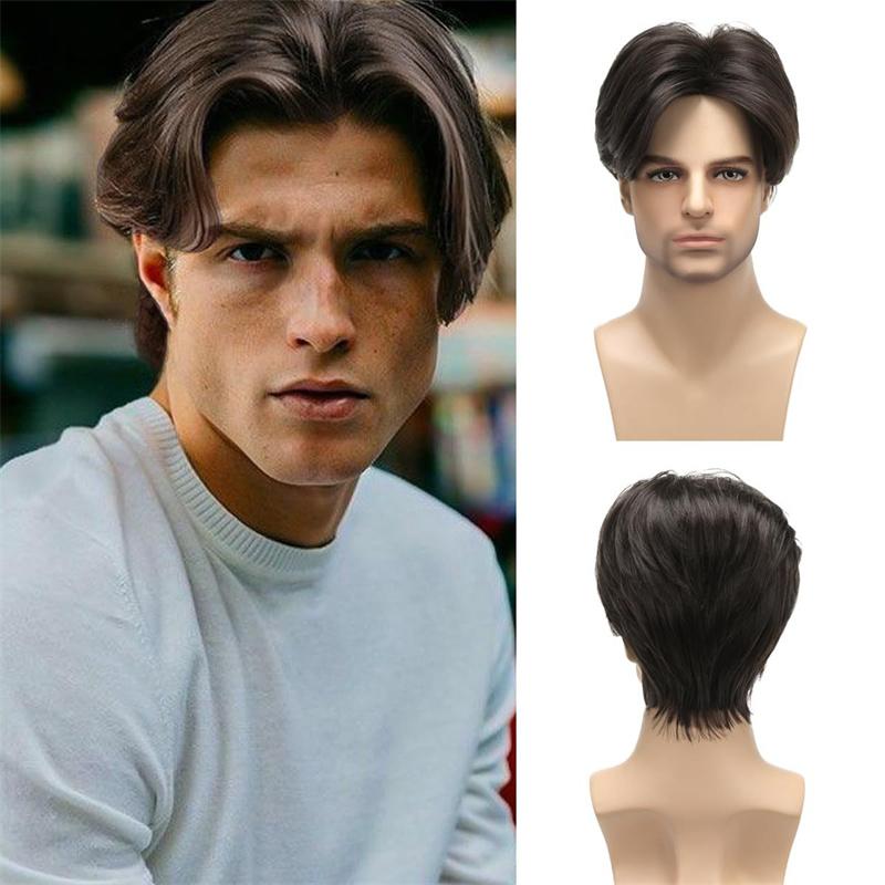 Synthetic Dark Brown Hair Natural Wig for Men Breathable Heat Resistant Cosplay Halloween Short Male Wig with Bangs
