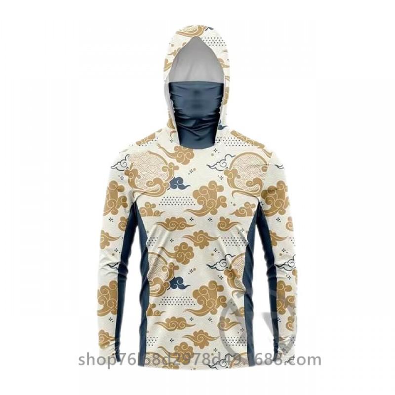 Mens Quick-Dry Ice Silk Long Sleeve Fishing Shirt With Hood Integrated Face Cover Camo Outdoor Performance Top