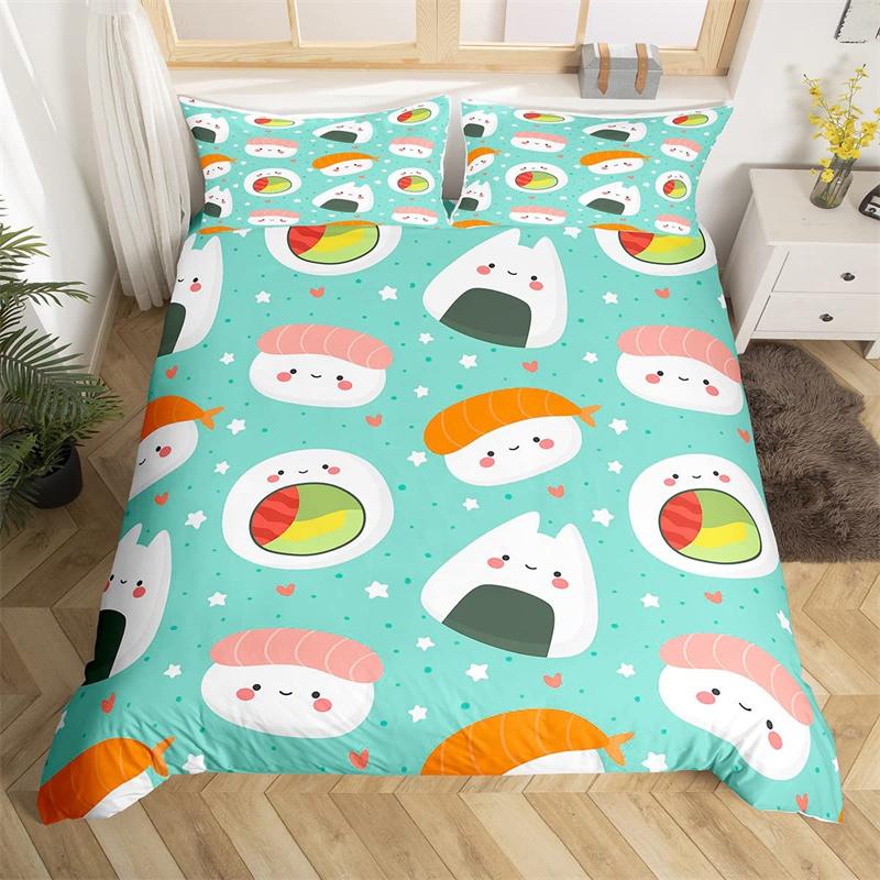Cartoon Sushi Food Duvet Cover Twin For Kids Teen Microfiber Japanese Cuisine Bedding Set Kawaii Cat Cherry Blossoms Quilt Cover