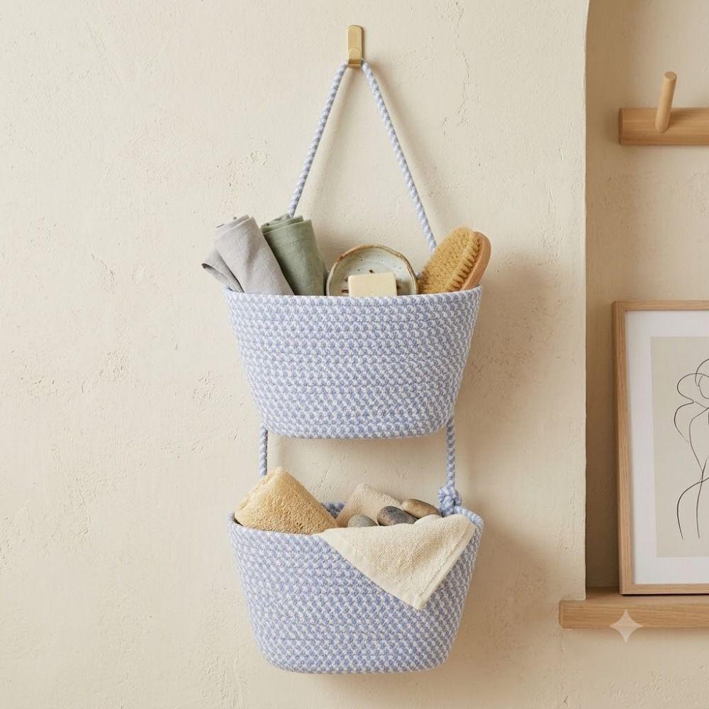 Foldable Wall Mount Organizer Handwoven Door Storage Pouch Boho Style Rope Woven Basket Bathroom