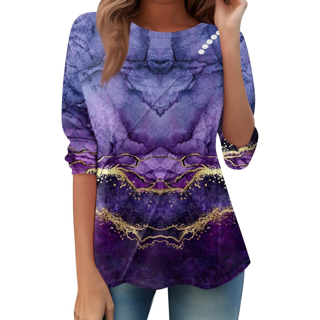 Women's Loose Casual Long Sleeve Top Round Neck Button Pull Stripe Prints T Shirt