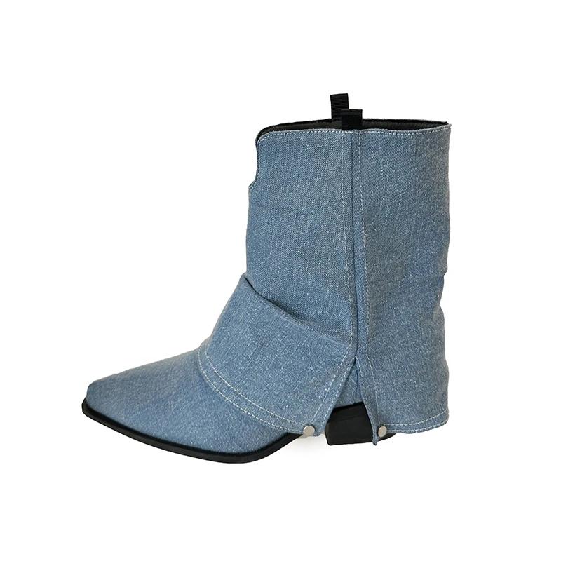 Fashion Women's Mid-calf Boots Pointed Toe Leather Boot Retro Short Leg Pants Tube Boots Classic Canvas Cowboy Boot Womens Fashion Boots