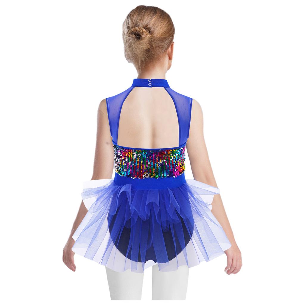 Girls Latin Dance Dress Sleeveless Cutout Back Tassels Shiny Sequins Color Block Performance Costume