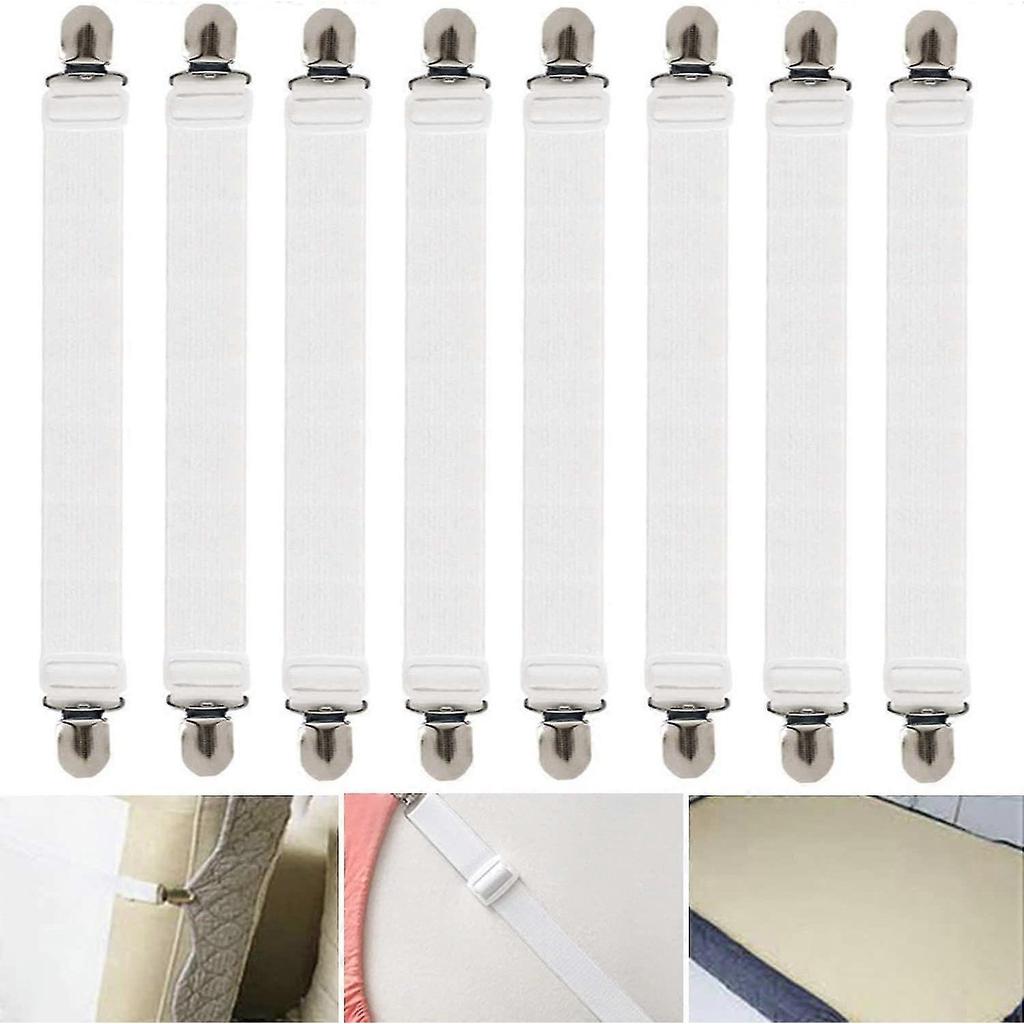 Adjustable Bed Sheet Tensioner, 8 Pieces Elastic Sheet Tensioner, White Sheet