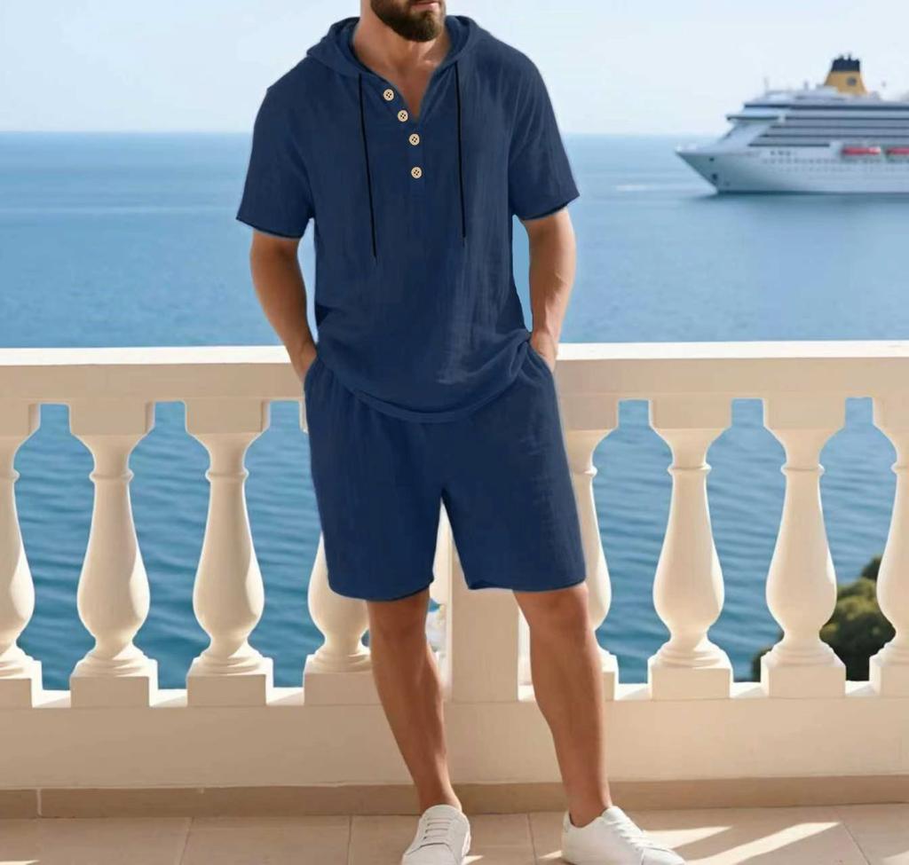 Men Solid Color Loose Hooded Short Sleeve Shorts Casual Two Piece Set