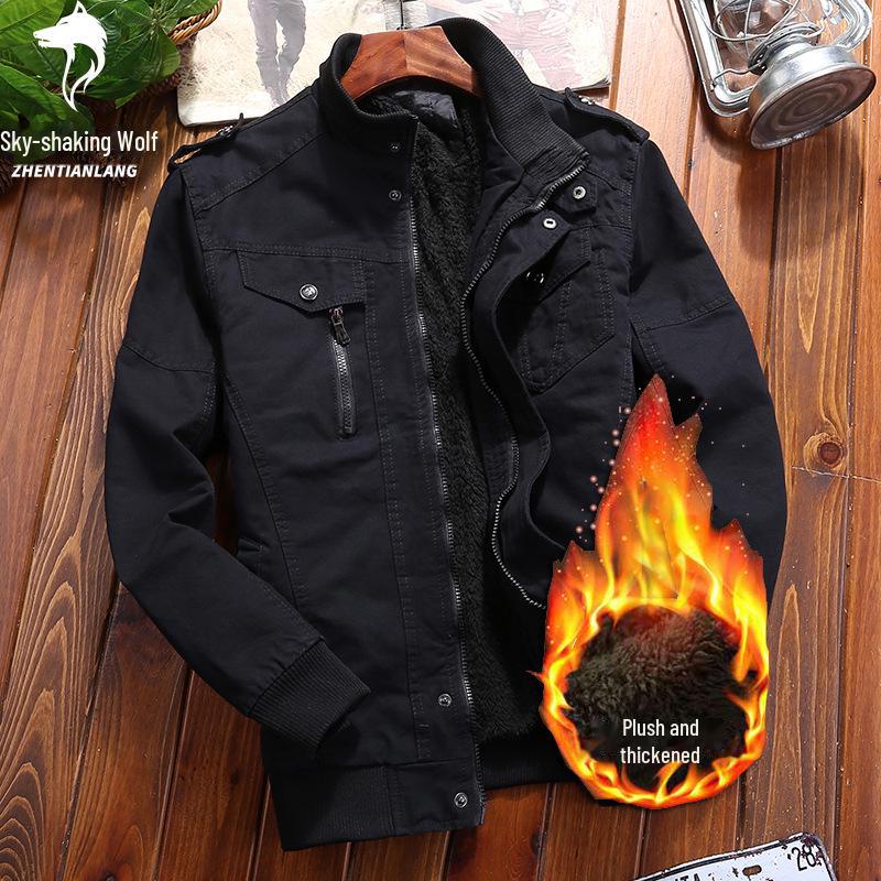 Men's Military-Style Washed Cotton Jacket with Velvet Lining