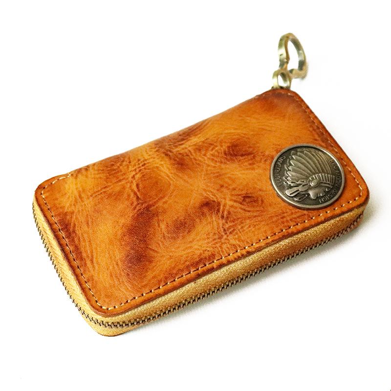 Men's Vegetable-Tanned Leather Multi-Functional Key & Card Holder with Zipper