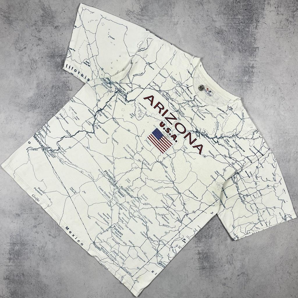Vintage Arizona State Map All Over Print Short Sleeve T Shirt 90’s White Size L