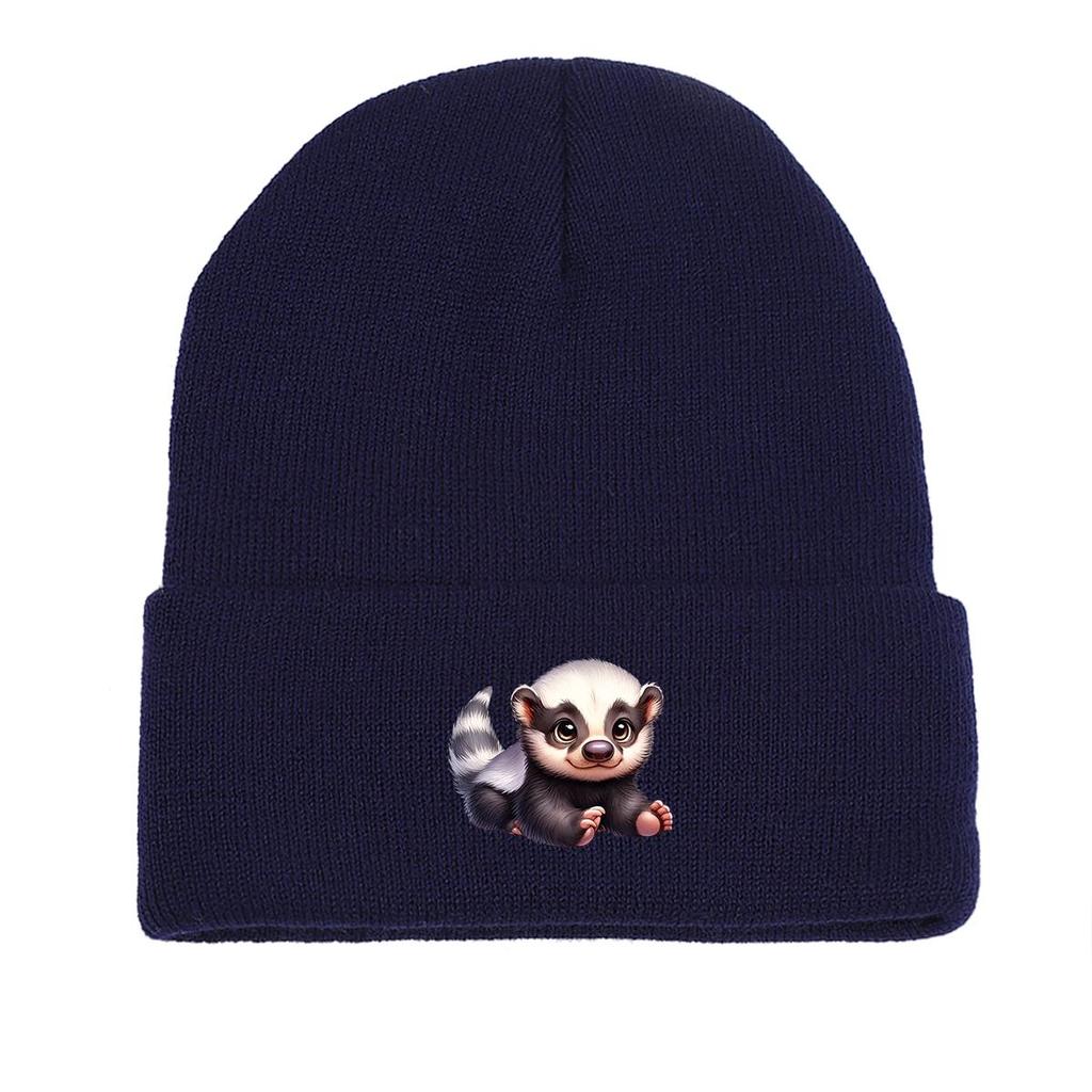 White Head Badger Print Knitted Cap Beanie, Animal Skull Cap Cuff Fit Stylish Bobble Hat Knit Hat Beanie