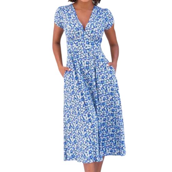 Платье миди в стиле бохо с V-образным вырезом, короткими рукавами, высокой талией, женским платьем с карманами, струящимся подолом, платье А-силуэта