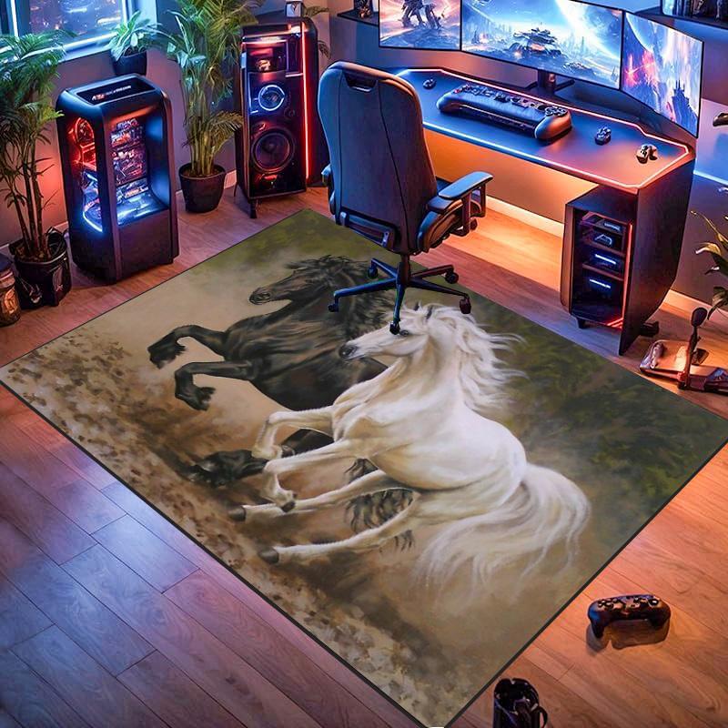 Black And White Running Horses Oil Painting Print Area Rug Wildlife Animal Non Slip Rectangular Floor Mat Horse Lover Gaming Room Bedroom Decor Rug