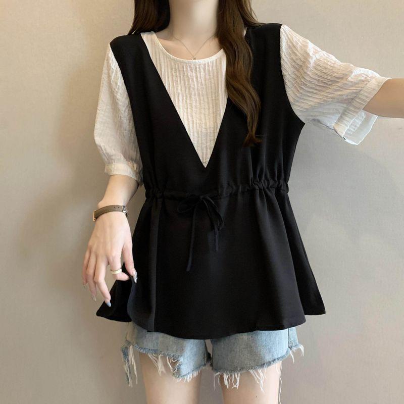 Women's Clothing Patchwork Fake Two Pieces Short Sleeve T-shirt Female Summer Plus Size Ladies Cover Belly Lace-up Waist-Controlled Slimming Chic Tops