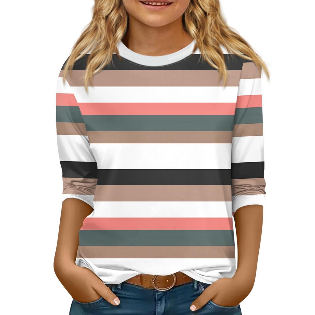 Children's 3/4 Sleeve Tops Casual Print T Shirt Round Neck Pullover Blouse