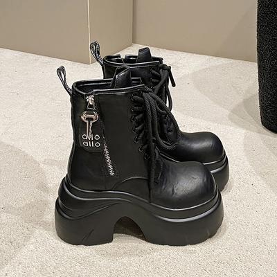 Женские ботильоны из искусственной ПУ кожи Осень Зима Каблуки 9 см Кроссовки Круглый носок Короткие ботинки Женские заклепки Мотоциклетная платформа Ботас