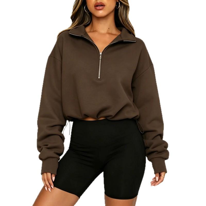 Womens Loose Fit Cropped Hoodless Sweatshirt With Half Zip Collar Long Sleeve Casual Top Fall Winter 2026