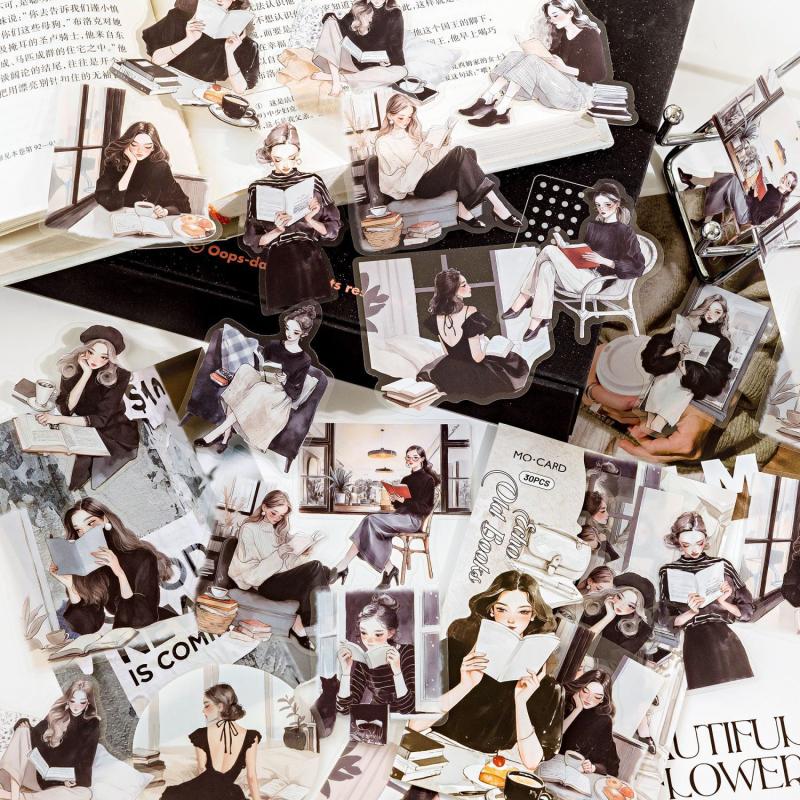 30Pcs/Pack Aesthetic Decals Labels Reading Girl Stickers Decorative Diary Album Material Scrapbooking Supplies