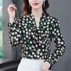 Lace Up Chiffon Shirt Women's New Korean Long Sleeve Print Ribbon Bottoming Top Scarf Collar Blouse M-4XL